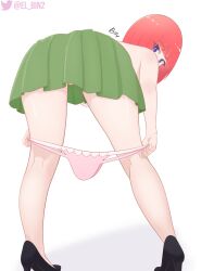 ass ass_focus blue_eyes blush breasts el_bin embarrassed female full_body go-toubun_no_hanayome large_breasts legs looking_at_viewer nakano_nino panties panties_down pink_hair ribbon shirt short_hair skirt spread_legs thighhighs thighs white_background white_shirt