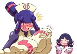 2girls alternate_breast_size big_breasts blush bodysuit breast_expansion breast_grab breasts_bigger_than_head duo female female_only headgear headwear huge_breasts large_breasts light-skinned_female meddy.exe mega_man mega_man_battle_network noburockman pink-tinted_eyewear tears tinted_eyewear visor