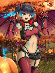 alternate_costume blue_hair bracelets breasts brown_eyes colored core_crystal fangs female fgsketch fingerless_gloves fire_hair gloves halloween hips horns jack-o'-lantern jacket leggings looking_at_viewer midriff nail_polish nintendo ponytail pumpkin punk punk_girl red_nails sena_(xenoblade) shorts small_breasts smiling smiling_at_viewer spiked_bracelets spikes succubus succubus_horns succubus_tail succubus_wings tagme thick_thighs thighs thong torn_clothing wide_hips wings xenoblade_(series) xenoblade_chronicles_3