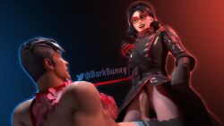 1boy 1girls clothed clothed_female_clothed_male clothing dark_background fortnite no_panties penis penis_out rubbing_pussy rubbing_pussy_against_dick rue_(fortnite) vendetta_(fortnite) worried