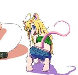 animal_tail blue_eyes buckteeth butt clothed clothes clothing cropped death_by_lolis feet jean_shorts mouth_open open_mouth panties panty_peek pink_panties rodent_tail rune_bunnura shadow shorts tail white_background