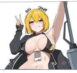 1girls amber_eyes armpits arms_up badge big_breasts blonde_hair blush blush_lines bra coat coat_on_shoulders don_quixote_(limbus_company) hi_res id_card lance lclca limbus_company long_coat looking_at_viewer mostly_nude navel peace_sign project_moon short_hair shortstack smile