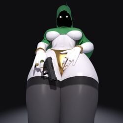 2023 
 big_breasts gold_(metal) gold_jewelry green_clothing gun looking_at_viewer meme popogori shadow_wizard_money_gang simple_background tagme thick_thighs thighhighs thong unseen_female_face white_skin