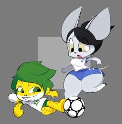 1boy 1girls 2010_fifa_world_cup anthro ass black_hair breasts feline feline_humanoid female female_focus furry green_eyes green_hair grey_fur hairband hips large_ass leopard male male_focus mu111777 ponytail shorts sliding soccer soccer_ball soccer_uniform thick_thighs thighs wide_hips yellow_eyes yellow_fur zakumi