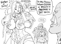 1boy 2girls absurd_res adepta_sororitas armor bb_(baalbuddy) big_breasts closed_eyes dialogue english_text fangs female female_focus funny human_female imperium_of_man male milf monochrome orc orc_male ork power_armor purity_seal scar scars sister_of_battle smile speech_bubble tagme text warhammer_(franchise) warhammer_40k white_background