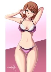 1girls alternate_costume atlus blush bra breasts brown_eyes brown_hair clothing female female_only legs_together matching_underwear megami_tensei panties persona persona_3 pink_bra pink_panties pointy_chin short_hair solo sonicheroxd wide_hips yukari_takeba