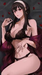 alternate_costume black_hair bra breasts coat female female_only flower_petals lace_bra lace_panties light-skinned_female lingerie panties pointy_chin red_eyes solo spy_x_family tommietomm yor_briar