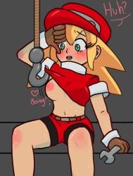 1girls accidental_exposure areolae blonde_hair blush breasts hat mega_man mega_man_legends nipples roll_caskett