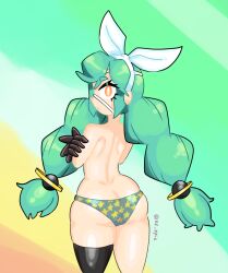 annie_(skullgirls) green_hair nude_female one_eye_covered skullgirls small_breasts thick_thighs thighs twintails xz_epic yellow_eyes