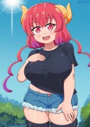 big_breasts bluefrok blush blush_lines cheerful cute cute_face fully_clothed fully_clothed_female huge_breasts ilulu_(dragon_maid) looking_at_viewer miss_kobayashi's_dragon_maid pink_eyes pink_hair sfw shiny_hair shiny_skin smile smiling smiling_at_viewer thick_thighs wink winking winking_at_viewer