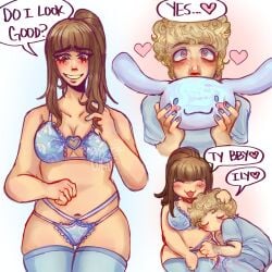 1boy1girl ? ^_^ adam_murray asking_question blonde_hair blue_bra blue_eyes blue_panties blush bra brown_eyes brown_hair canon_couple cinnamon_(cinnamoroll) cinnamoroll cinnamoroll_(series) closed_eyes dogboywade evelin_miller grin grinning hand_on_head heart heart-shaped_pupils heart_eyes holding_object holding_plushie mandela_catalogue open_mouth panties plush plushie rubbing_head sanrio smile smiling text text_bubble wholesome