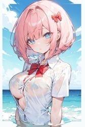 ai_generated anime anime_style blue_eyes breasts doki_doki_literature_club female just_sayori pointy_chin sayori_(doki_doki_literature_club) solo wet_clothes wet_shirt