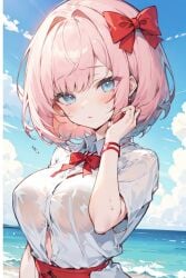 ai_generated anime anime_style blue_eyes breasts doki_doki_literature_club female just_sayori pointy_chin sayori_(doki_doki_literature_club) solo wet_clothes wet_shirt