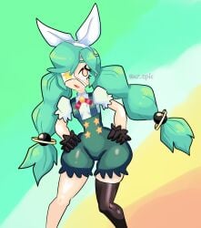 annie_(skullgirls) green_hair nude_female one_eye_covered skullgirls small_breasts thick_thighs thighs twintails xz_epic yellow_eyes