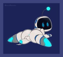 anus ass astro_(astro_bot) astro_bot_(series) balls blue_penis blush bodily_fluids cum erection genital_fluids genitals glistening glistening_body hi_res looking_back machine male penis rear_view robot sherwind52 solo spread_legs spreading wide_hips