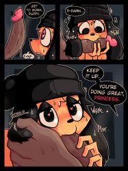 <3_eyes anthro beanie canid canine canis clothing comic craving dialogue domestic_dog duo fondling girly happy hat headgear headwear heart hi_res human lustful_gaze male male/male mammal oral oral_focus oral_only petting_head pink_eyes ponporio_(artist) puppy_(puppynsfw) puppynsfw