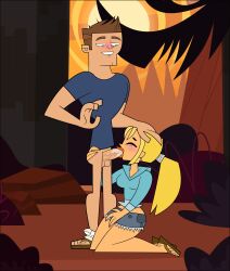 1boy 1girls biting_lip blonde_hair blowjob blush bridgette_(tdi) brown_hair cartoon_network closed_eyes commission female green_eyes half-closed_eyes original_character pantless pants_down penis pennsatucky saliva saliva_on_penis sucking_penis testicles total_drama_island tripp_(tdi)