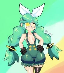 annie_(skullgirls) green_hair nude_female one_eye_covered skullgirls small_breasts thick_thighs thighs twintails xz_epic yellow_eyes