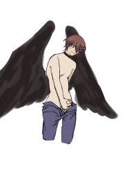 1boy bird_wings black_choker black_wings choker clothed_masturbation feathered_wings green_eyes hair_between_eyes hair_over_one_eye highres kamisama_hajimemashita kurama_(kamisamashita) male_masturbation male_only masturbation mole mole_under_eye non-web_source penis red_choker red_hair short_hair small_penis topless_male wings