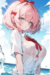 ai_generated anime anime_style blue_eyes breasts doki_doki_literature_club female just_sayori sayori_(doki_doki_literature_club) solo wet_clothes wet_shirt