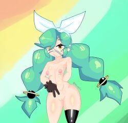 annie_(skullgirls) green_hair nude_female one_eye_covered skullgirls small_breasts thick_thighs thighs twintails xz_epic yellow_eyes