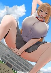 1girls barely_contained big_breasts blonde_female blonde_hair blonde_hair blue_eyes breasts building building_damage embarassed embarassment female giantess giga_giantess hand_behind_head high_school huge_breasts light-skinned_female long_hair looking_away original school school_uniform sitting sitting_down sitting_on_building skirt tight_clothing オレンジ