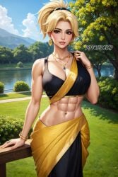 abs ai_generated big_breasts blonde_hair cleavage diffusionlad female female_only high_resolution indian_clothes jewelry looking_at_viewer mercy mouth_open muscular_female overwatch ponytail sari solo