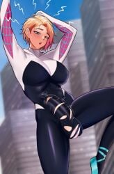 1futa balls big_breasts big_penis blonde_hair blue_eyes blush bodysuit breasts bulge clothed clothing erection erection_under_clothes exposed_penis eyebrow_piercing eyebrows fully_clothed futa_only futanari gojich1 gwen_stacy gwen_stacy_(spider-verse) hair human light-skinned_futanari light_skin marvel motion_lines penis penis_bulge piercing ripped_clothing short_hair solo solo_futa spider-gwen spider-man_(series) spider_sense superheroine thighs torn_clothes