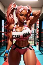 abs ai_generated big_breasts brown_eyes busty cleavage curvy dark-skinned_female fit_female long_hair mma_gloves muscular nia_(dainty) original_character pink_hair sportswear stable_diffusion thighhighs twintails