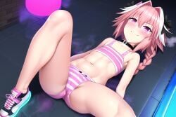 ai_generated astolfo_(fate) braid camel_toe cameltoe crop_top cuntboy fate/apocrypha fate/grand_order fate_(series) girly intersex laying_on_back long_braid neon_lights novelai pink_eyes pink_hair pussy smile smiling sneakers striped_panties
