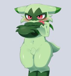 animal_ears animal_genitalia animal_nose animal_penis blush flaccid floragato fluffy fluffy_tail gray_background green_body green_ears green_fur green_tail male male_only penis pokémon_(species) pokemon pokemon_(species) pokemon_sv red_eyes sheath sum testicles yoyo