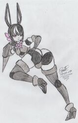 1boy alvin_(polynian) android ass black_hair bulge bunny_ears chocoalien001 femboy male_focus male_only robot robot_joints robot_neoanthropinae_polynian traditional_media_(artwork) two_tone_hair