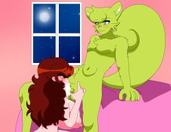 1boy 1boy1girl 1girls animal_ears anthro anthro_on_human bed bedroom big_areola big_tail blowjob brown_hair brunette cum_in_mouth curled_tail fellatio friday_night_funkin furry furry_body furry_on_human girlfriend_(friday_night_funkin) green_eyes green_fur huge_breasts human_on_anthro human_on_furry long_hair male/female oc oral oral_penetration oral_sex original original_character pink_nose request sex window xml_xrossover(artist)