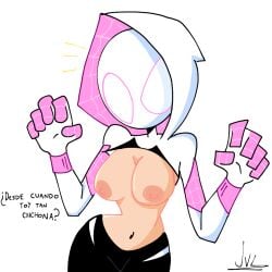 1girls breasts female female_only gwen_stacy heroine jvllonguez marvel marvel_comics pink_eyes solo spandex_suit spanish_text spider-gwen spider-man:_across_the_spider-verse spider-man:_into_the_spider-verse spider-man_(series) teenager text white_suit