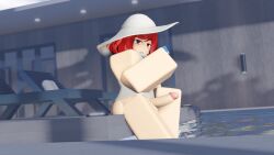 1boy 3d erection eyes femboy feminine feminine_male grin half-closed_eyes half_naked holding_object jesse_(pptakkun) looking_at_viewer male original_character pool pptakkun red_eyes roblox robloxian side_view smug smug_face suggestive_look sunhat sweater