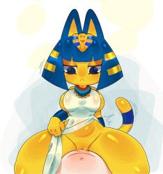 1boy 1girls animal_crossing ankha anthro big_breasts blue_eyes blue_hair blush bracelets breasts cat_ears cat_tail catgirl child_bearing_hips clothed clothed_female_nude_male clothing clothing_aside collar cowgirl_position domestic_cat erection felid feline female furry human human_on_anthro human_penetrating ichig8miruku male mammal nintendo penis pussy sex tail thick_thighs thunder_thighs unamused unamused_sex vaginal_penetration wide_hips yellow_fur