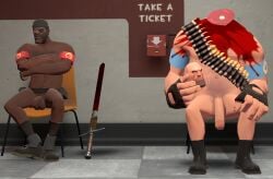 3d 3d_(artwork) balls ballsack big_penis blood demoman demoman_(team_fortress_2) funny garry's_mod heavy heavy_(team_fortress_2) heavy_weapons_guy long_penis male male_only naked naked_male no_head non-sexual_nudity nude nude_male penis sitting sitting_on_chair team_fortress_2 tf2 valve video_games waiting