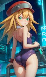 1girls ai_generated ass blonde_hair cameltoe hat mega_man mega_man_legends nipple_bulge nipples roll_caskett swimsuit