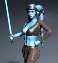 1girls aayla_secura blue_lightsaber blue_skin brown_eyes brown_legwear dazinbane fist_on_own_hip head_tails lightsaber loincloth midriff solo solo_female solo_focus star_wars twi'lek