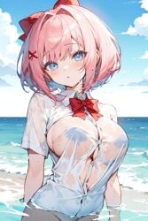 ai_generated anime anime_style blue_eyes breasts doki_doki_literature_club just_sayori pointy_chin sayori_(doki_doki_literature_club) wet_clothes wet_shirt