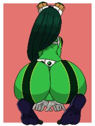 back_view cameltoe clothed clothing dat_ass fat_ass fully_clothed green_hair hero_outfit_(mha) huge_ass long_hair my_hero_academia pixel_art pixelmood presenting_hindquarters rear_view squatting thick_thighs tsuyu_asui voluptuous_female