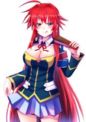 1girls arkfield big_breasts blue_eyes breasts cleavage cosplay crossover_cosplay female female_only folding_fan high_school_dxd holding_object huge_breasts kurokami_medaka_(cosplay) large_breasts long_hair medaka_box red_hair rias_gremory school_uniform smile