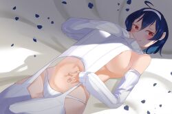 1girls bed_sheet belly_button blue_hair blush breasts female female_only huge_breasts light-skinned_female light_skin looking_at_viewer nnnhan_99 on_bed orange_eyes oumiya_emma prism_cerulea prism_project seductive sideboob skimpy_clothes smile sweater virgin_destroyer_sweater virtual_youtuber white_bed_sheet