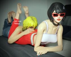 2girls 3d about_to_fart ass ass_sniffing bed bedroom blender blender_taper bob_cut butt_smother butt_sniffing collar colored_hair dyed_hair evie_(fortnite) eyeshadow feet female femdom fingernails fortnite green_hair hana_(fortnite) leggings nail_polish pants shades soles sunglasses tank_top theblendertaper tinted_eyewear xnalara xps yuri