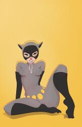 1girls ass batman:_the_animated_series batman_(series) bodysuit boots breasts cat_ears catwoman catwoman_(dcau) dc dc_comics dcau elbow_gloves female female_only front_view fully_clothed green_eyes jewelry looking_at_viewer mask narrow_waist noah_eisenman seductive seductive_look see-through see-through_clothing see_through selina_kyle simple_background sitting solo solo_female solo_focus thick_thighs tight_clothes tight_clothing wide_hips