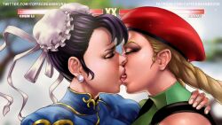 2girls black_hair blonde_hair cammy_white chun-li closed_eyes coffeebeanbrush drooling eyelashes female female_only kissing making_out milf street_fighter tongue tongue_out tongue_wrap yuri