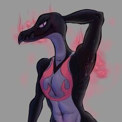 anthro armpit armpit_fetish black_body black_scales faustawk krummhau lizard lizard_girl musk musk_clouds pokemon pokemon_(species) salazzle scalie seductive steaming_body steamy_breath sweat_drop sweaty sweaty_armpits