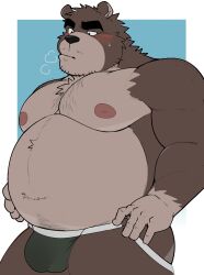 2023 anthro bear belly big_belly black_nose blush brown_body bulge clothing hi_res jockstrap kemono male mammal moobs nipples overweight overweight_male simple_background solo underwear whitebeast20