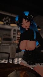 3d big_breasts black_hair blue_eyes blue_hair breasts cafe charlottevr colored dominant domination female femdom maid milf milk mommy mommy_kink nipples strong_female uncensored vrchat vrchat_avatar vrchat_model