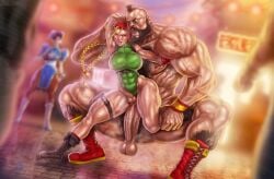 angry angry_sex armpit big_breasts big_penis blonde_hair blue_eyes braided_hair cammy_white capcom chun-li clothed_sex defeated forced jojobanks leotard muscles pubic_hair public street_fighter zangief